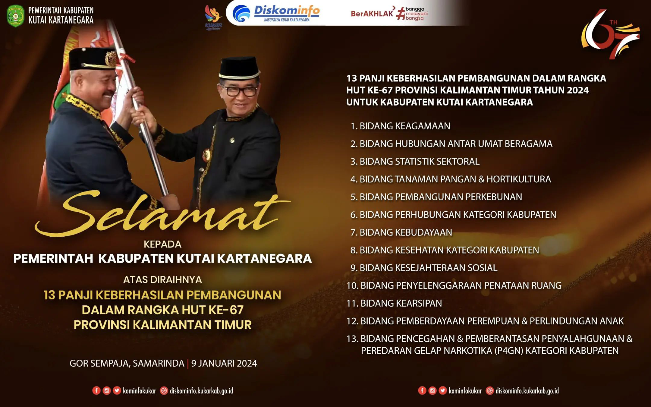 13 Panji Keberhasilan Pembangunan Dalam Rangka HUT ke-67 Provinsi Kalimantan Timur Tahun 2024